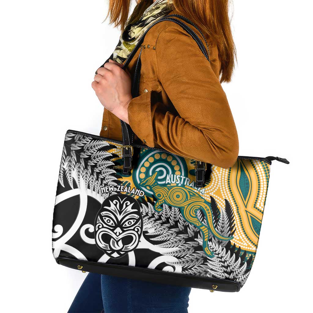 New Zealand Australia Rugby Leather Tote Bag Wallabies Aboriginal All Black Maori Tiki Together LT14 Black - Polynesian Pride