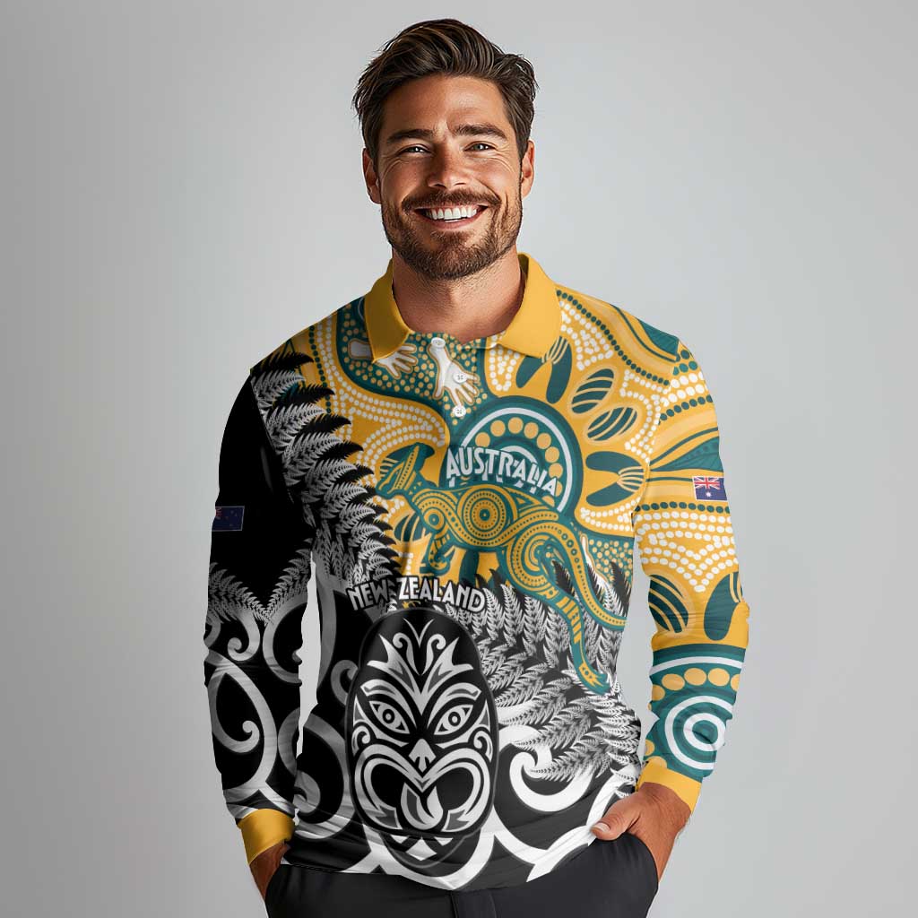 New Zealand Australia Rugby Custom Long Sleeve Polo Shirt Wallabies Aboriginal All Black Maori Tiki Together LT14 - Polynesian Pride