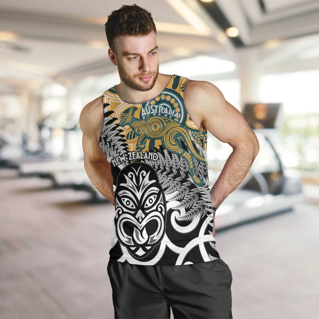 New Zealand Australia Rugby Custom Men Tank Top Wallabies Aboriginal All Black Maori Tiki Together LT14 Black - Polynesian Pride
