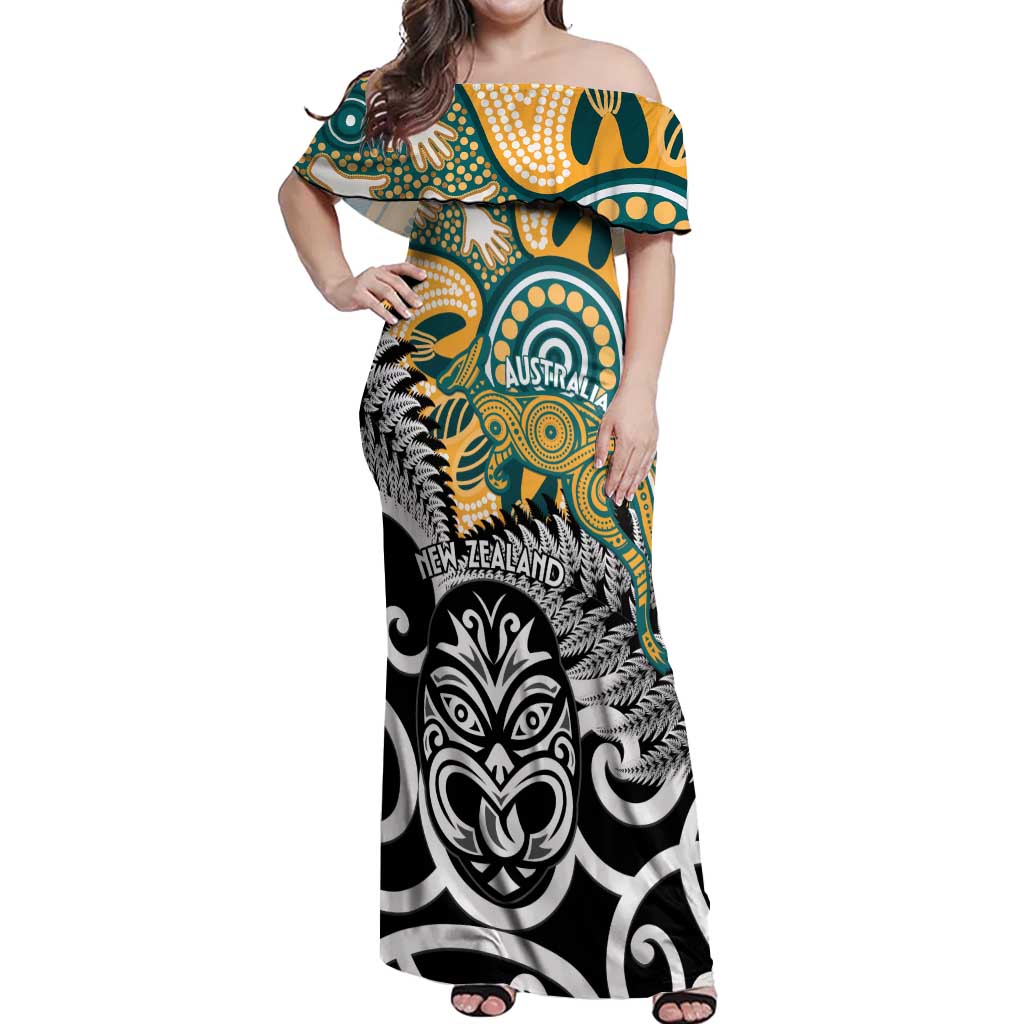 New Zealand Australia Rugby Custom Off Shoulder Maxi Dress Wallabies Aboriginal All Black Maori Tiki Together LT14 Women Black - Polynesian Pride