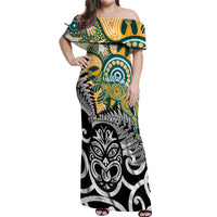 New Zealand Australia Rugby Custom Off Shoulder Maxi Dress Wallabies Aboriginal All Black Maori Tiki Together LT14 Women Black - Polynesian Pride