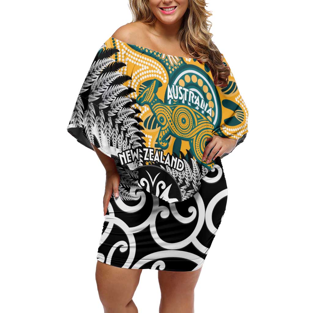 New Zealand Australia Rugby Custom Off Shoulder Short Dress Wallabies Aboriginal All Black Maori Tiki Together LT14 Women Black - Polynesian Pride