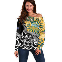 New Zealand Australia Rugby Custom Off Shoulder Sweater Wallabies Aboriginal All Black Maori Tiki Together LT14 Women Black - Polynesian Pride