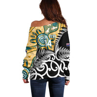New Zealand Australia Rugby Custom Off Shoulder Sweater Wallabies Aboriginal All Black Maori Tiki Together LT14 - Polynesian Pride