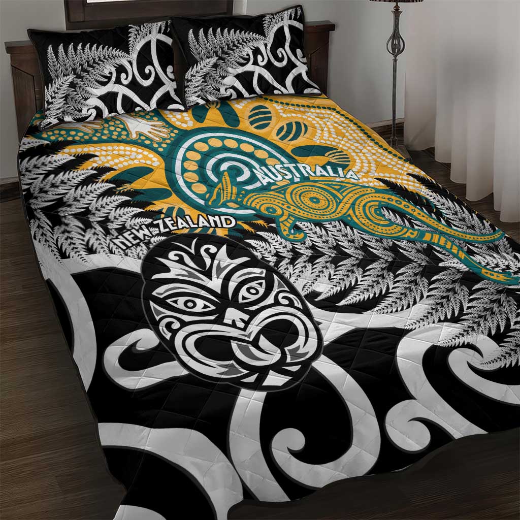 New Zealand Australia Rugby Quilt Bed Set Wallabies Aboriginal All Black Maori Tiki Together LT14 Black - Polynesian Pride