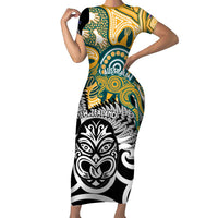 New Zealand Australia Rugby Custom Short Sleeve Bodycon Dress Wallabies Aboriginal All Black Maori Tiki Together LT14 Long Dress Black - Polynesian Pride
