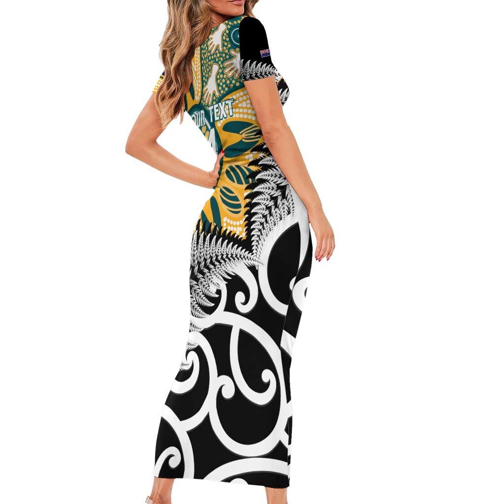 New Zealand Australia Rugby Custom Short Sleeve Bodycon Dress Wallabies Aboriginal All Black Maori Tiki Together LT14 - Polynesian Pride