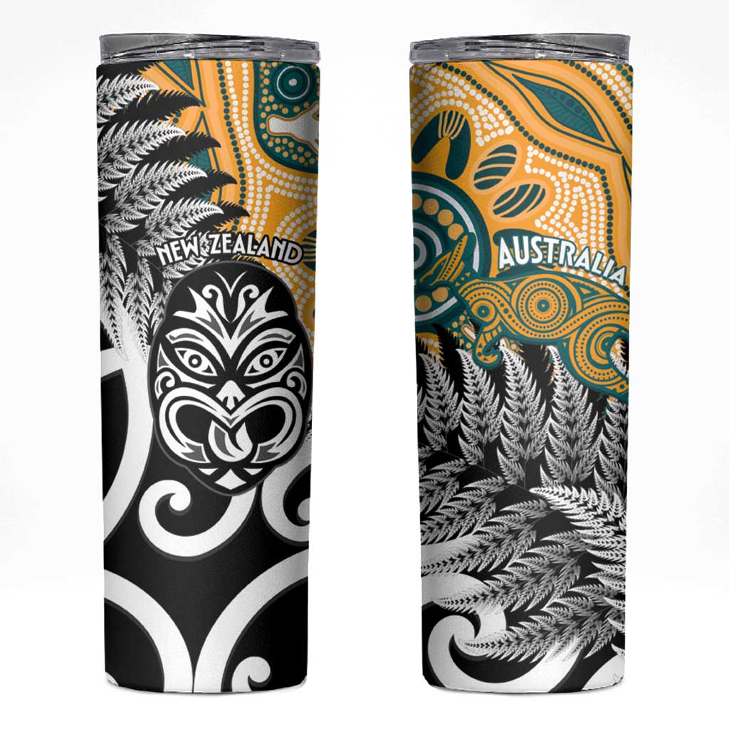 New Zealand Australia Rugby Skinny Tumbler Wallabies Aboriginal All Black Maori Tiki Together LT14 Black - Polynesian Pride