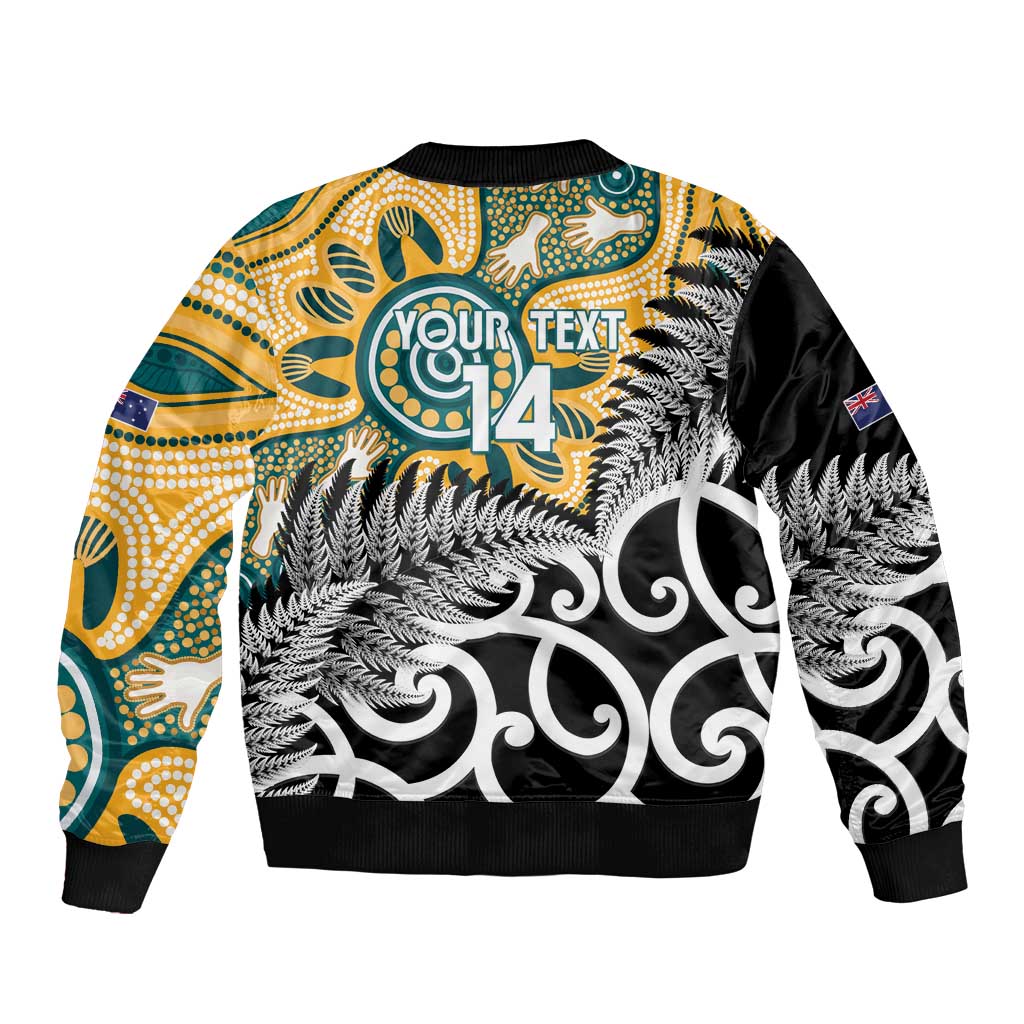 New Zealand Australia Rugby Custom Sleeve Zip Bomber Jacket Wallabies Aboriginal All Black Maori Tiki Together LT14 - Polynesian Pride