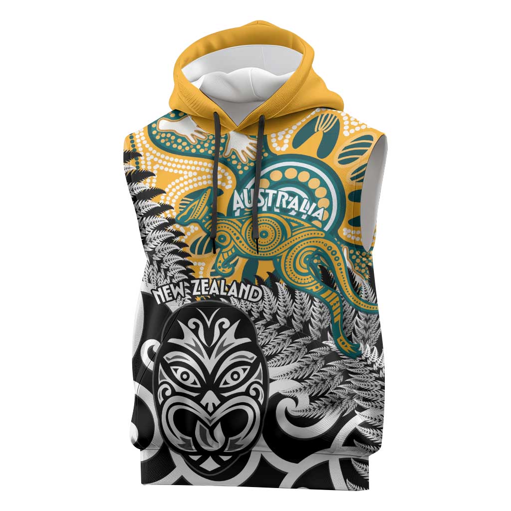 New Zealand Australia Rugby Custom Sleeveless Hoodie Wallabies Aboriginal All Black Maori Tiki Together LT14 Black - Polynesian Pride