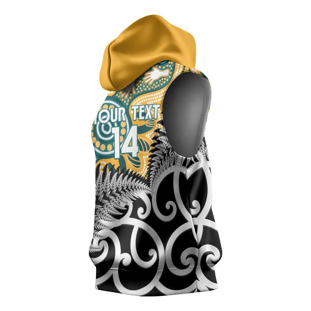 New Zealand Australia Rugby Custom Sleeveless Hoodie Wallabies Aboriginal All Black Maori Tiki Together LT14 - Polynesian Pride