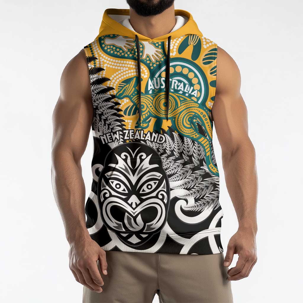 New Zealand Australia Rugby Custom Sleeveless Hoodie Wallabies Aboriginal All Black Maori Tiki Together LT14 - Polynesian Pride