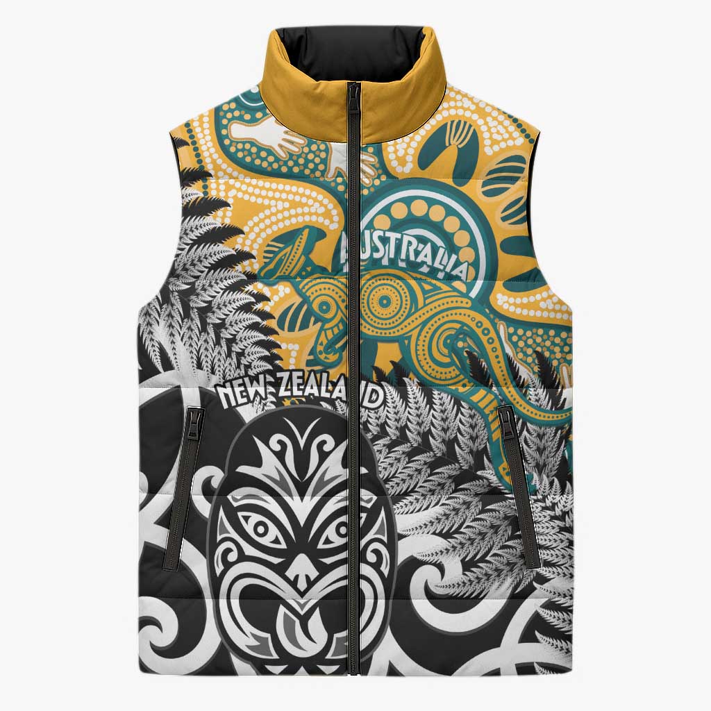 New Zealand Australia Rugby Custom Sleeveless Puffer Jacket Wallabies Aboriginal All Black Maori Tiki Together - Polynesian Pride