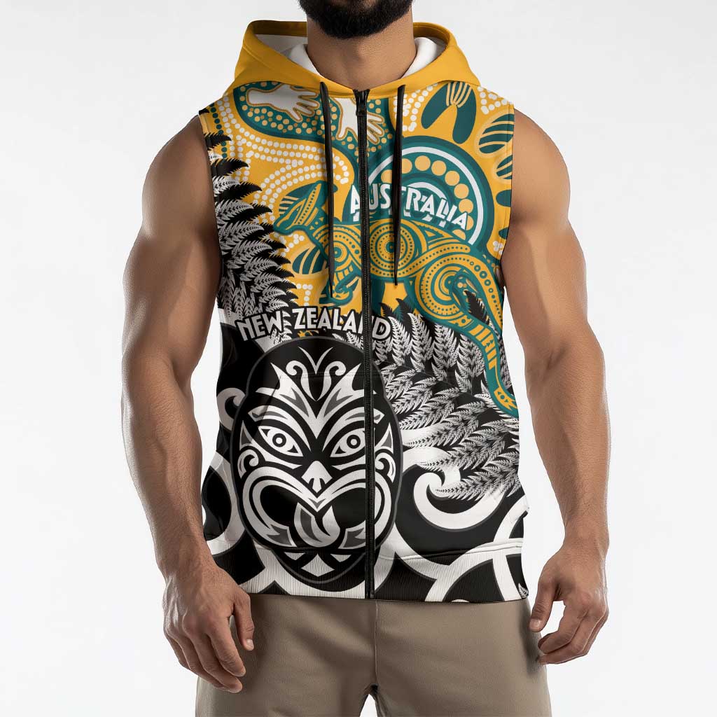 New Zealand Australia Rugby Custom Sleeveless Zip Hoodie Wallabies Aboriginal All Black Maori Tiki Together LT14 - Polynesian Pride