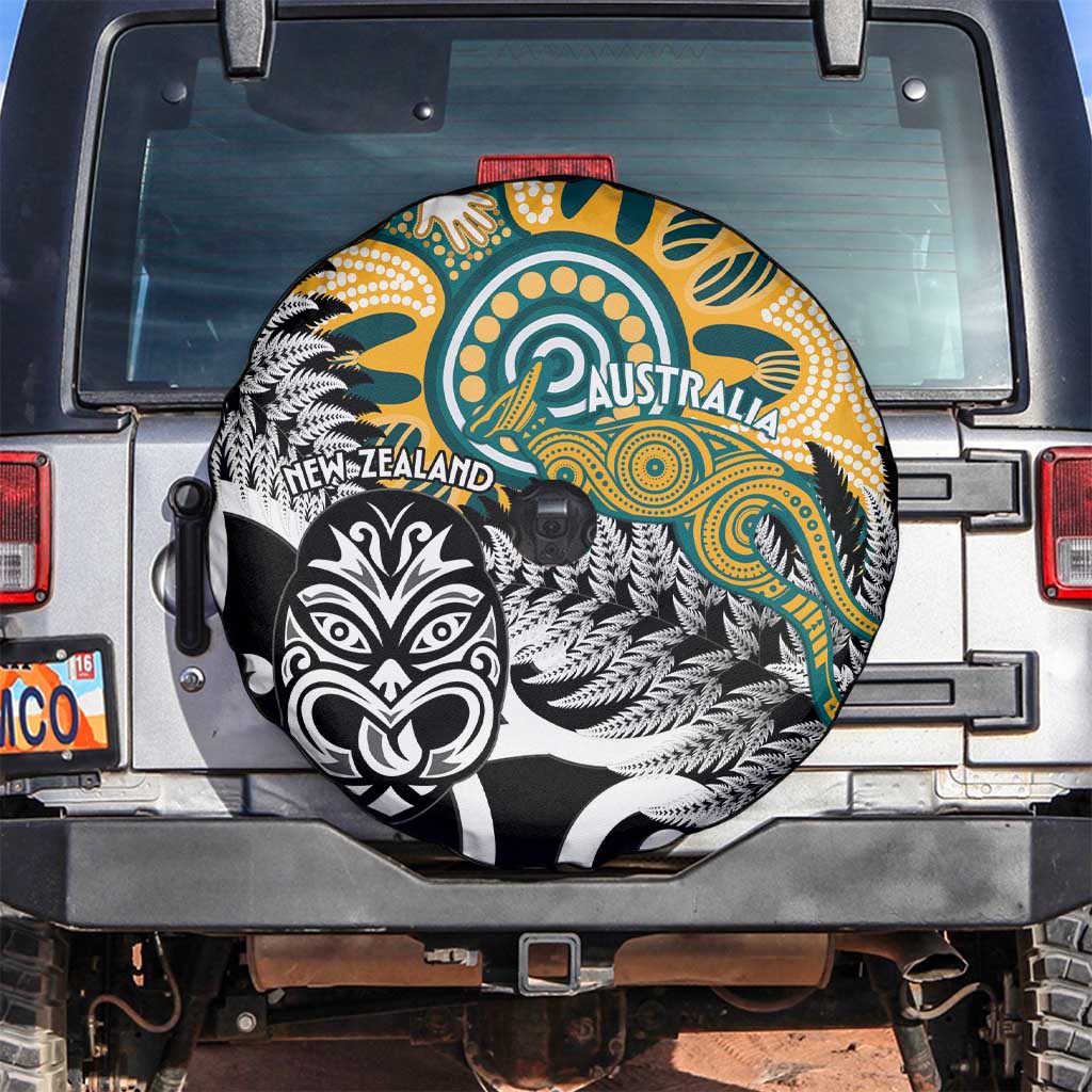 New Zealand Australia Rugby Spare Tire Cover Wallabies Aboriginal All Black Maori Tiki Together LT14 Black - Polynesian Pride