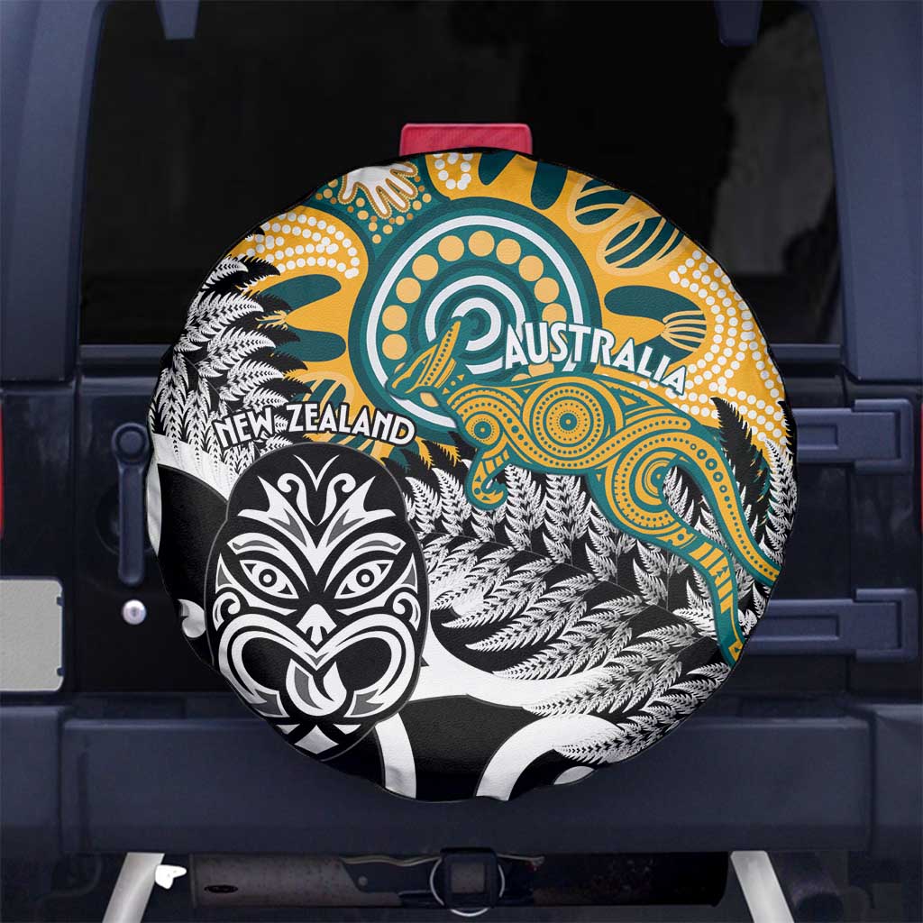 New Zealand Australia Rugby Spare Tire Cover Wallabies Aboriginal All Black Maori Tiki Together LT14 No hole Black - Polynesian Pride