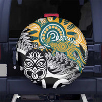New Zealand Australia Rugby Spare Tire Cover Wallabies Aboriginal All Black Maori Tiki Together LT14 No hole Black - Polynesian Pride