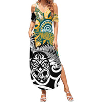 New Zealand Australia Rugby Custom Summer Maxi Dress Wallabies Aboriginal All Black Maori Tiki Together LT14 Women Black - Polynesian Pride