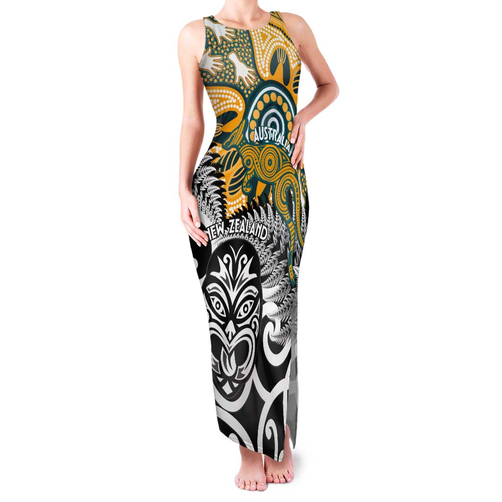 New Zealand Australia Rugby Custom Tank Maxi Dress Wallabies Aboriginal All Black Maori Tiki Together LT14 Women Black - Polynesian Pride