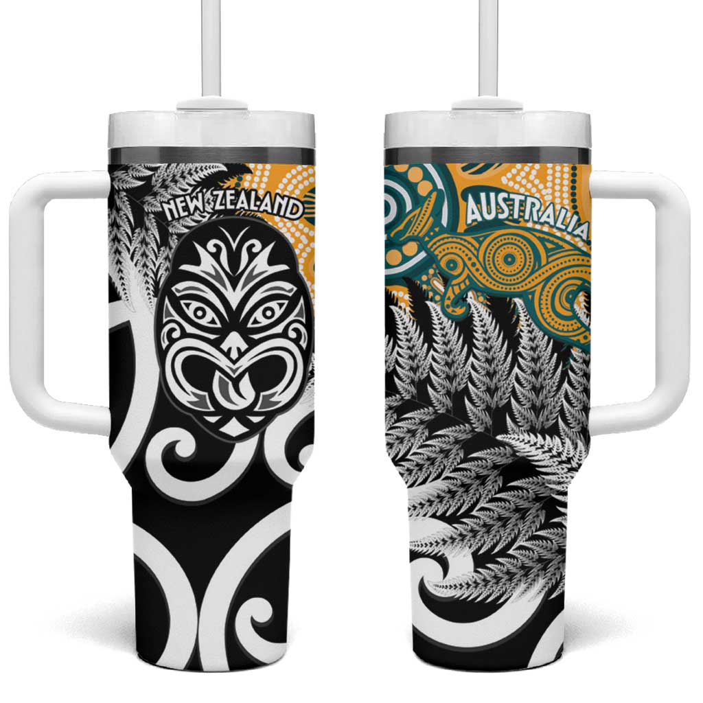 New Zealand Australia Rugby Tumbler With Handle Wallabies Aboriginal All Black Maori Tiki Together LT14 One Size: 40 oz Black - Polynesian Pride