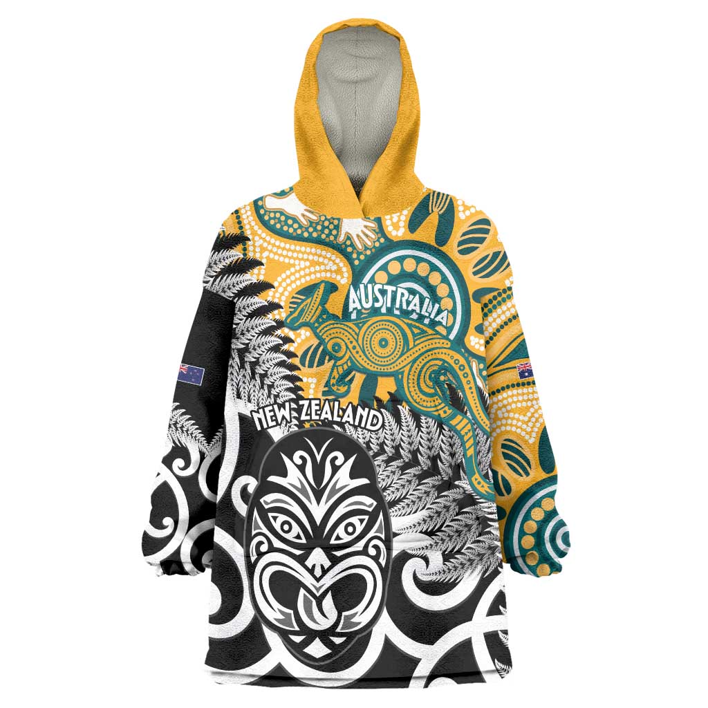 New Zealand Australia Rugby Custom Wearable Blanket Hoodie Wallabies Aboriginal All Black Maori Tiki Together LT14 One Size Black - Polynesian Pride
