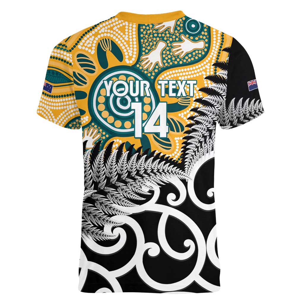 New Zealand Australia Rugby Custom Women V-Neck T-Shirt Wallabies Aboriginal All Black Maori Tiki Together LT14 - Polynesian Pride