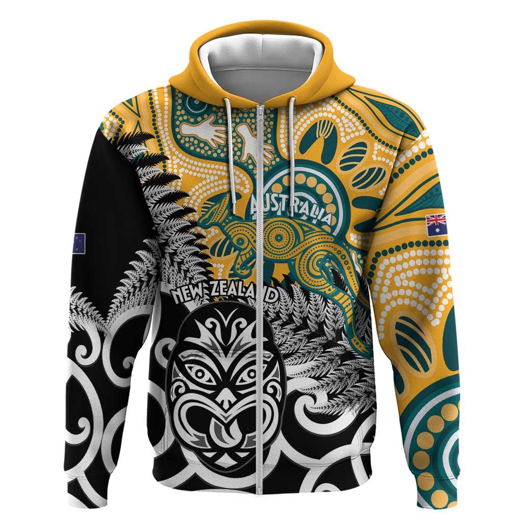New Zealand Australia Rugby Custom Zip Hoodie Wallabies Aboriginal All Black Maori Tiki Together LT14 Zip Hoodie Black - Polynesian Pride