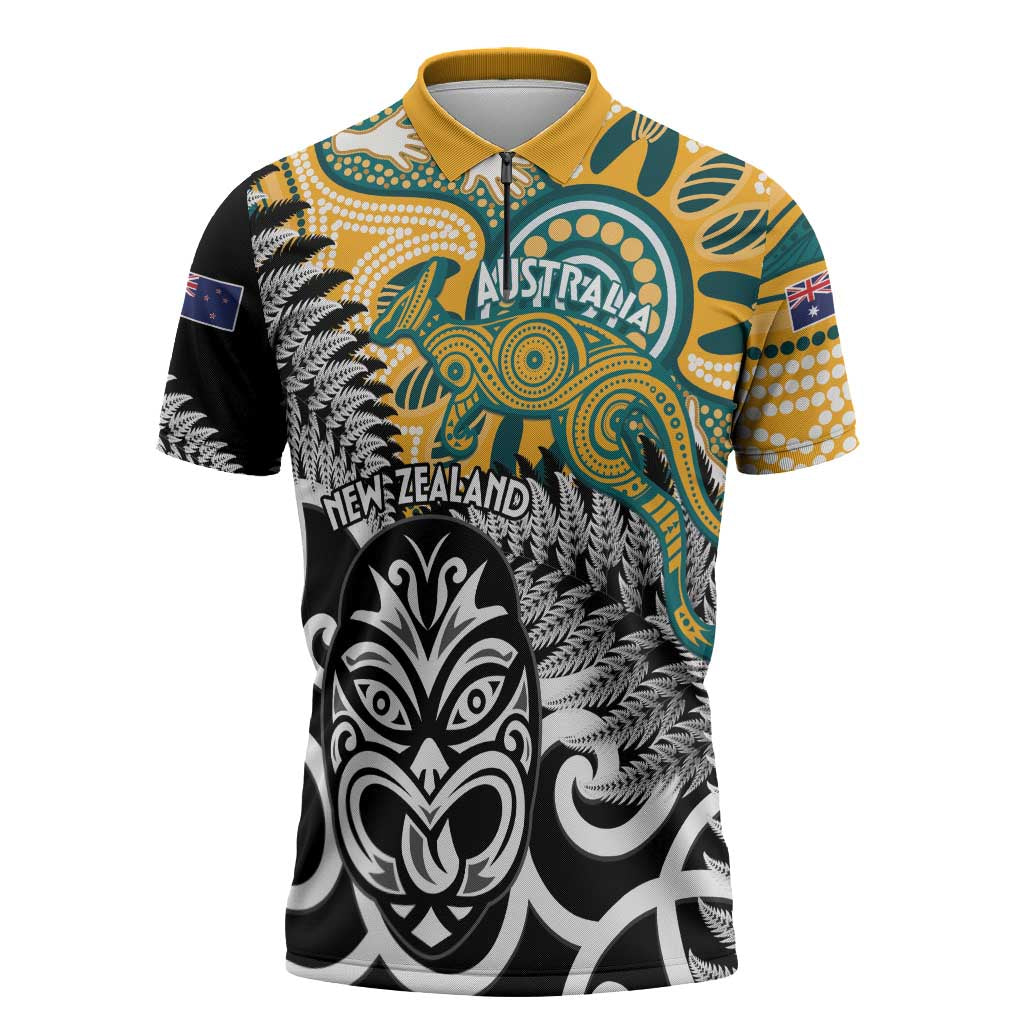 New Zealand Australia Rugby Custom Zipper Polo Shirt Wallabies Aboriginal All Black Maori Tiki Together LT14 Black - Polynesian Pride