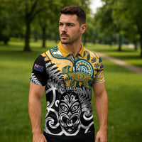 New Zealand Australia Rugby Custom Zipper Polo Shirt Wallabies Aboriginal All Black Maori Tiki Together LT14 - Polynesian Pride