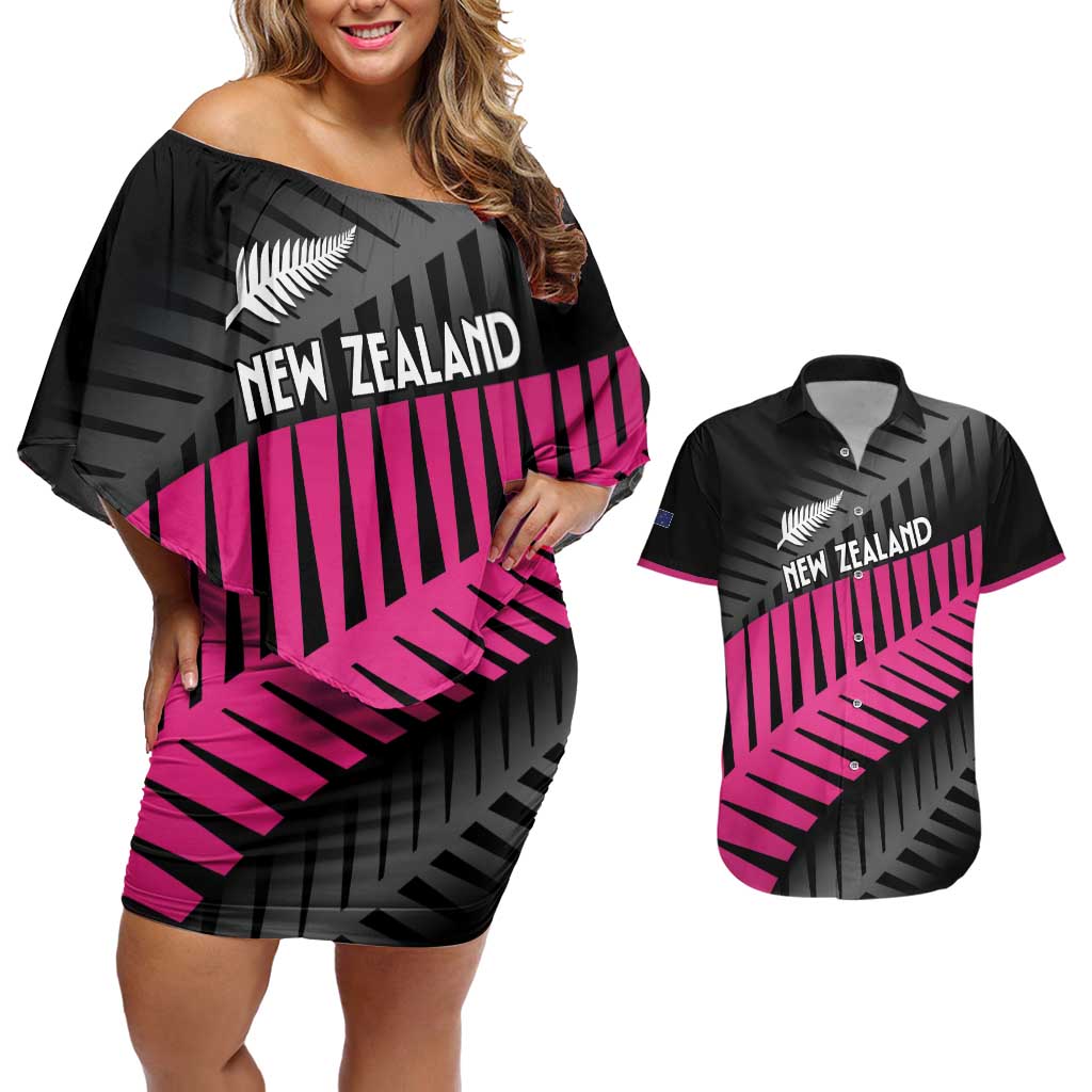 New Zealand Silver Fern Rugby Custom Couples Matching Off Shoulder Short Dress and Hawaiian Shirt 2025 All Black Go Champions LT14 Black - Polynesian Pride