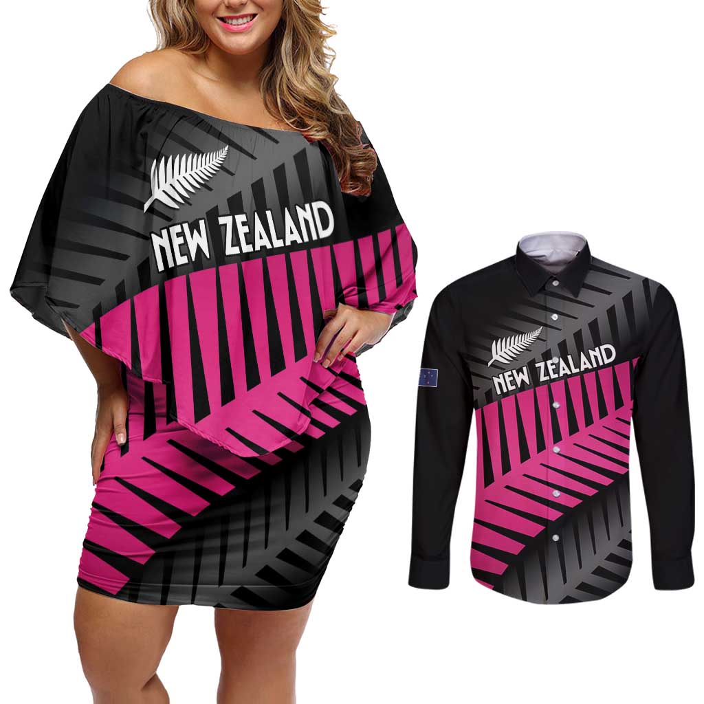 New Zealand Silver Fern Rugby Custom Couples Matching Off Shoulder Short Dress and Long Sleeve Button Shirt 2025 All Black Go Champions LT14 Black - Polynesian Pride