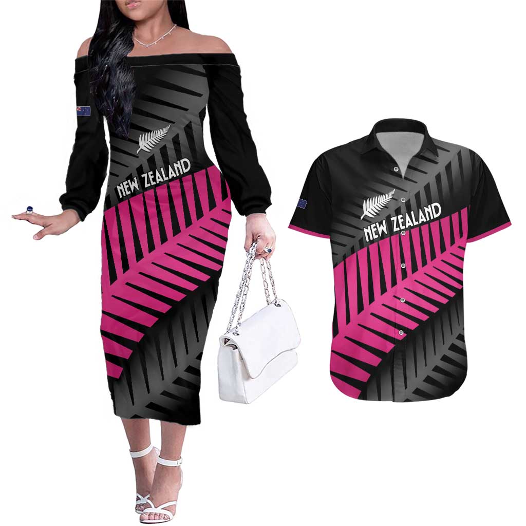 New Zealand Silver Fern Rugby Custom Couples Matching Off The Shoulder Long Sleeve Dress and Hawaiian Shirt 2025 All Black Go Champions LT14 Black - Polynesian Pride