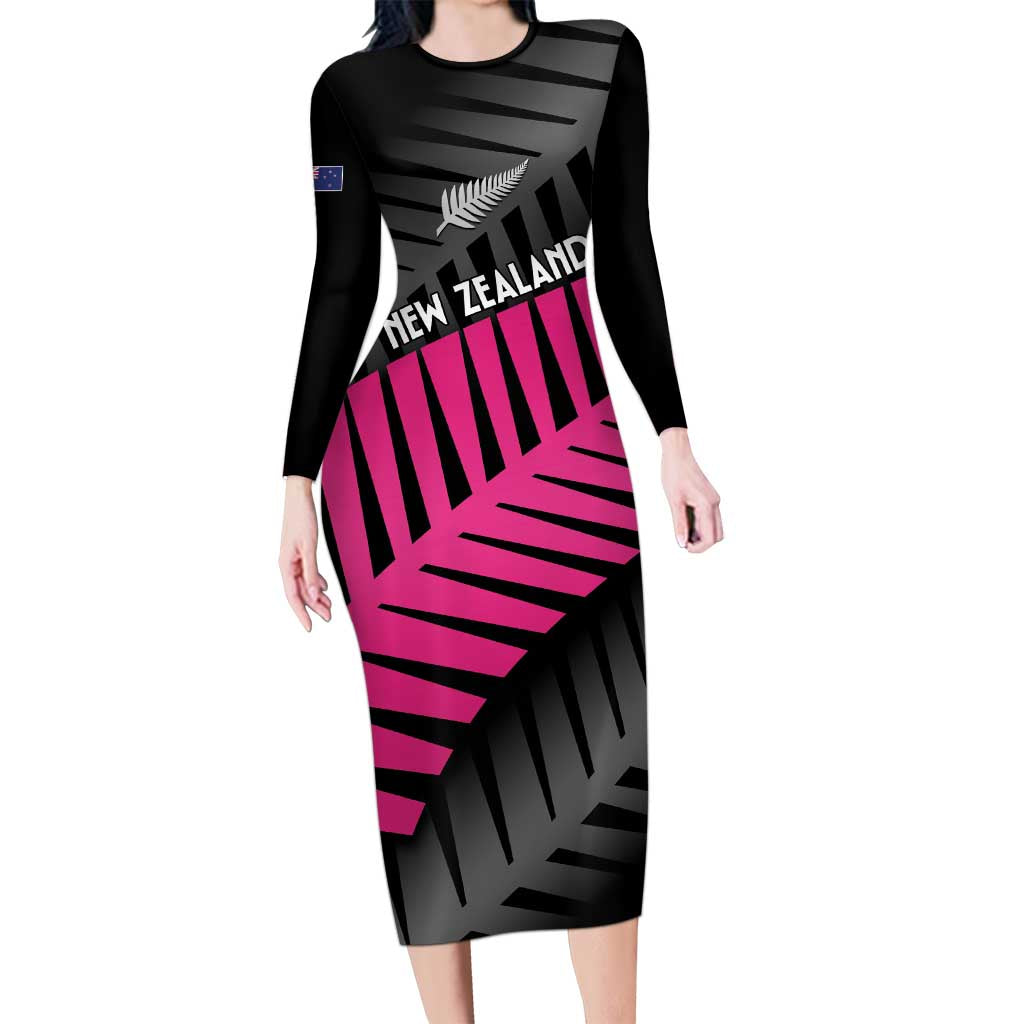 New Zealand Silver Fern Rugby Custom Long Sleeve Bodycon Dress 2025 All Black Go Champions LT14 Long Dress Black - Polynesian Pride