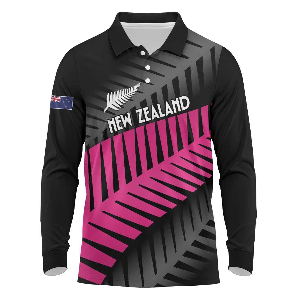 New Zealand Silver Fern Rugby Custom Long Sleeve Polo Shirt 2025 All Black Go Champions LT14 Black - Polynesian Pride