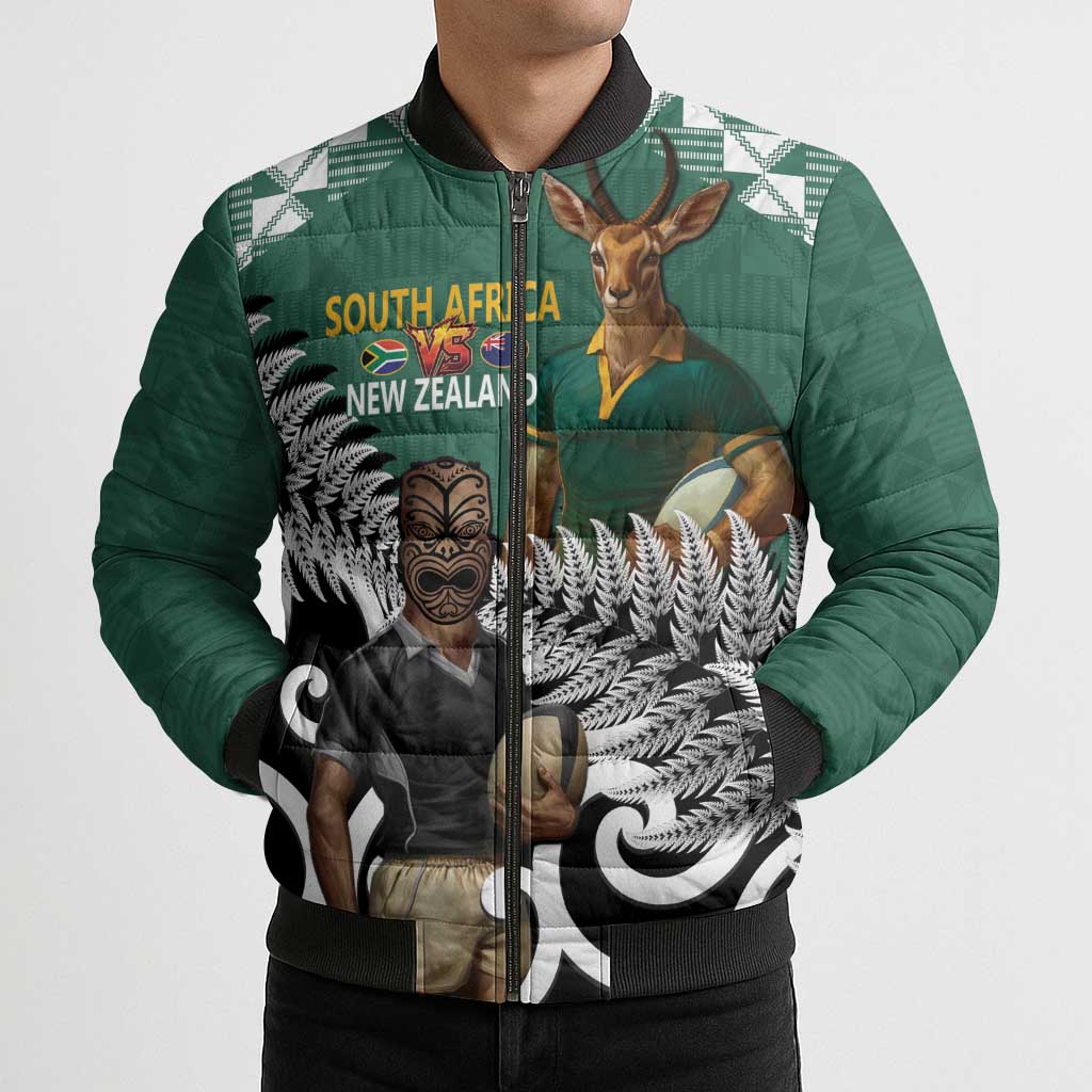 New Zealand South Africa Rugby Custom Bomber Puffer Jacket Springboks Kente All Black Maori Together - Polynesian Pride