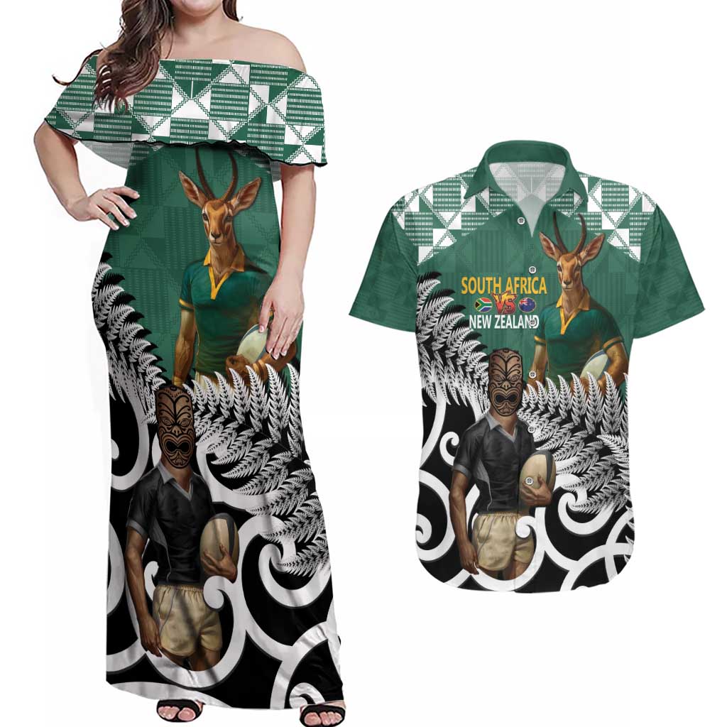 New Zealand South Africa Rugby Custom Couples Matching Off Shoulder Maxi Dress and Hawaiian Shirt Springboks Kente All Black Maori Together LT14 Green - Polynesian Pride
