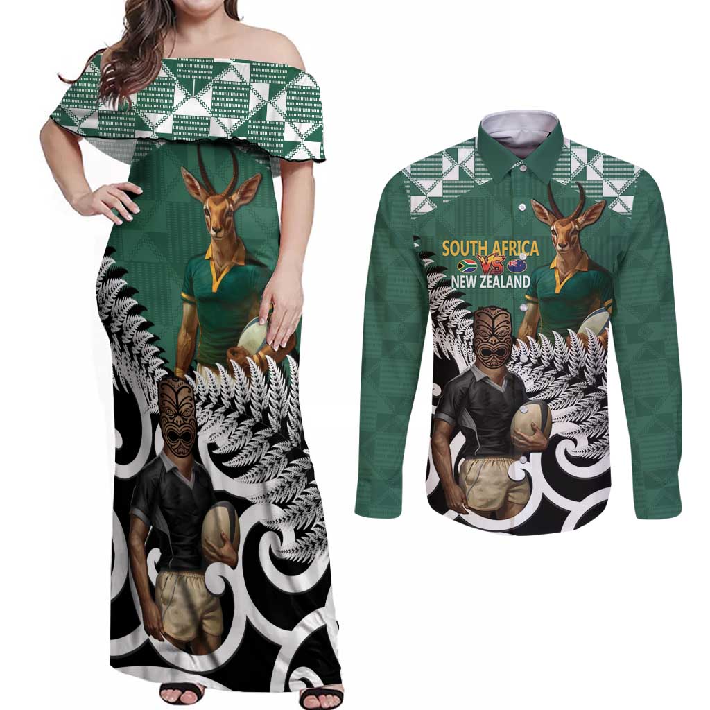 New Zealand South Africa Rugby Custom Couples Matching Off Shoulder Maxi Dress and Long Sleeve Button Shirt Springboks Kente All Black Maori Together LT14 Green - Polynesian Pride