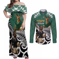 New Zealand South Africa Rugby Custom Couples Matching Off Shoulder Maxi Dress and Long Sleeve Button Shirt Springboks Kente All Black Maori Together LT14 Green - Polynesian Pride