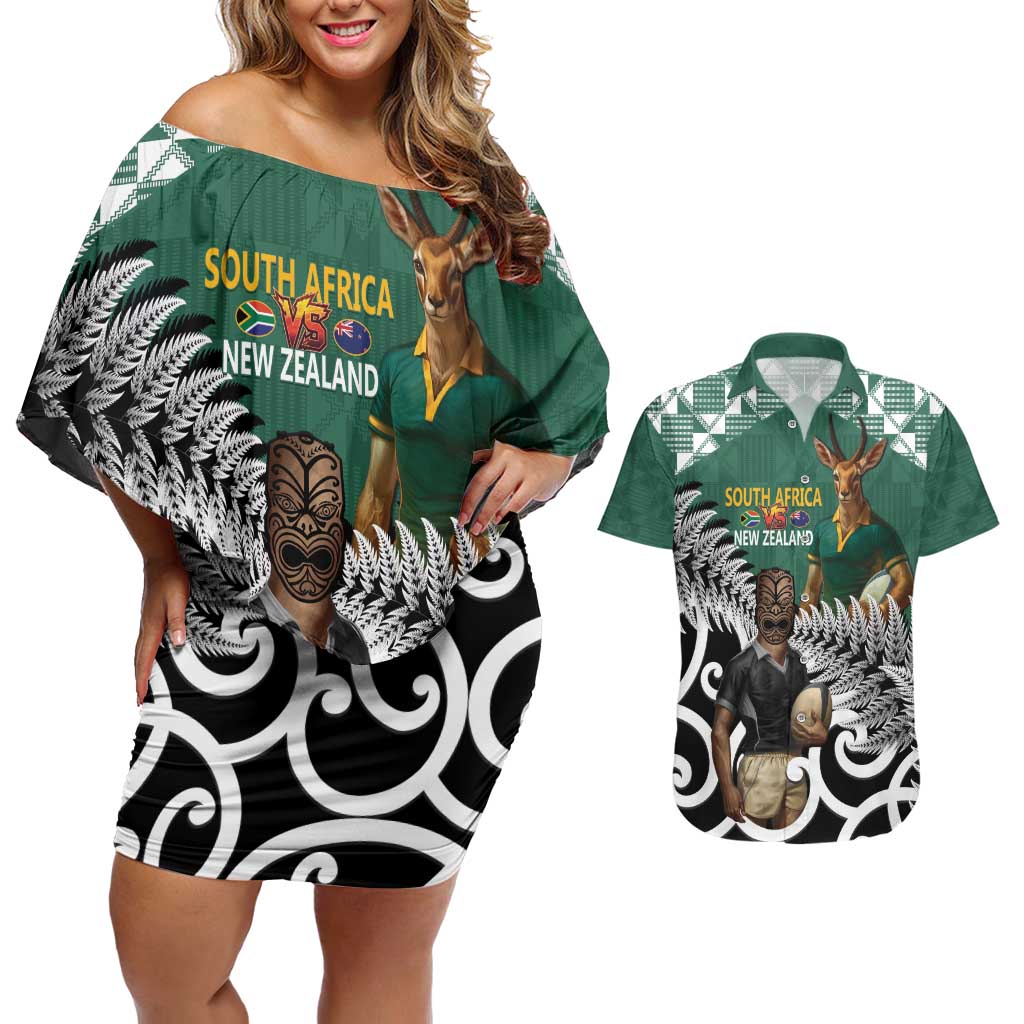 New Zealand South Africa Rugby Custom Couples Matching Off Shoulder Short Dress and Hawaiian Shirt Springboks Kente All Black Maori Together LT14 Green - Polynesian Pride