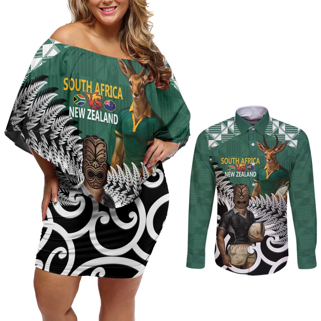 New Zealand South Africa Rugby Custom Couples Matching Off Shoulder Short Dress and Long Sleeve Button Shirt Springboks Kente All Black Maori Together LT14 Green - Polynesian Pride