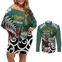 New Zealand South Africa Rugby Custom Couples Matching Off Shoulder Short Dress and Long Sleeve Button Shirt Springboks Kente All Black Maori Together LT14 Green - Polynesian Pride