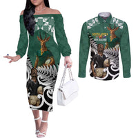 New Zealand South Africa Rugby Custom Couples Matching Off The Shoulder Long Sleeve Dress and Long Sleeve Button Shirt Springboks Kente All Black Maori Together - Polynesian Pride