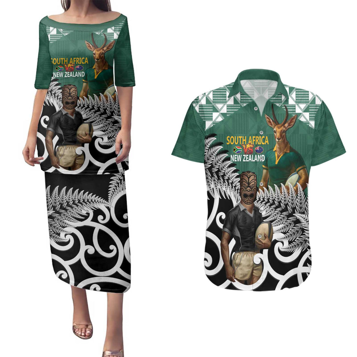 New Zealand South Africa Rugby Custom Couples Matching Puletasi and Hawaiian Shirt Springboks Kente All Black Maori Together - Polynesian Pride