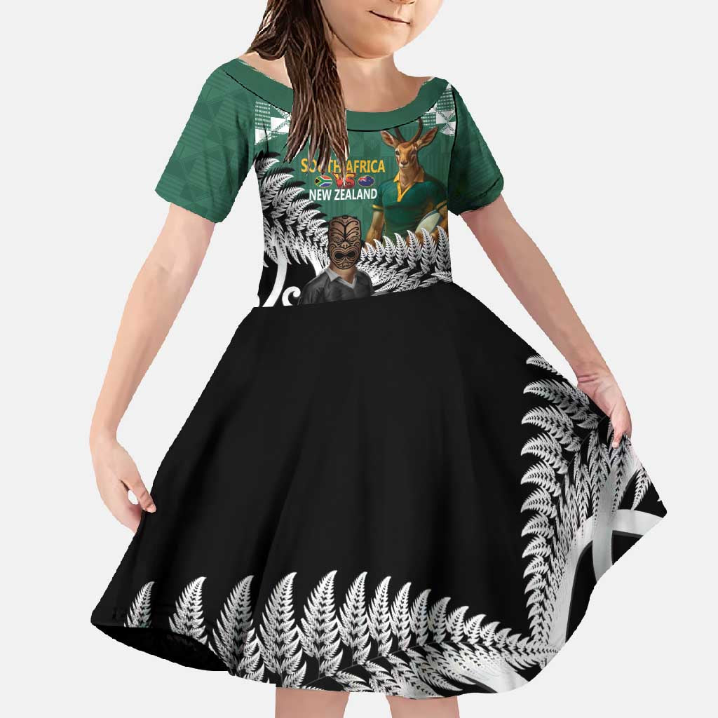 New Zealand South Africa Rugby Custom Family Matching Long Sleeve Bodycon Dress and Hawaiian Shirt Springboks Kente All Black Maori Together LT14 Daughter's Dress Green - Polynesian Pride