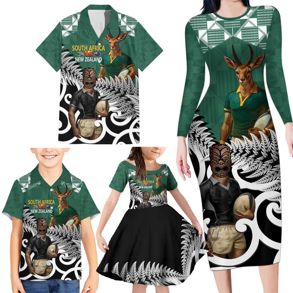 New Zealand South Africa Rugby Custom Family Matching Long Sleeve Bodycon Dress and Hawaiian Shirt Springboks Kente All Black Maori Together LT14 - Polynesian Pride