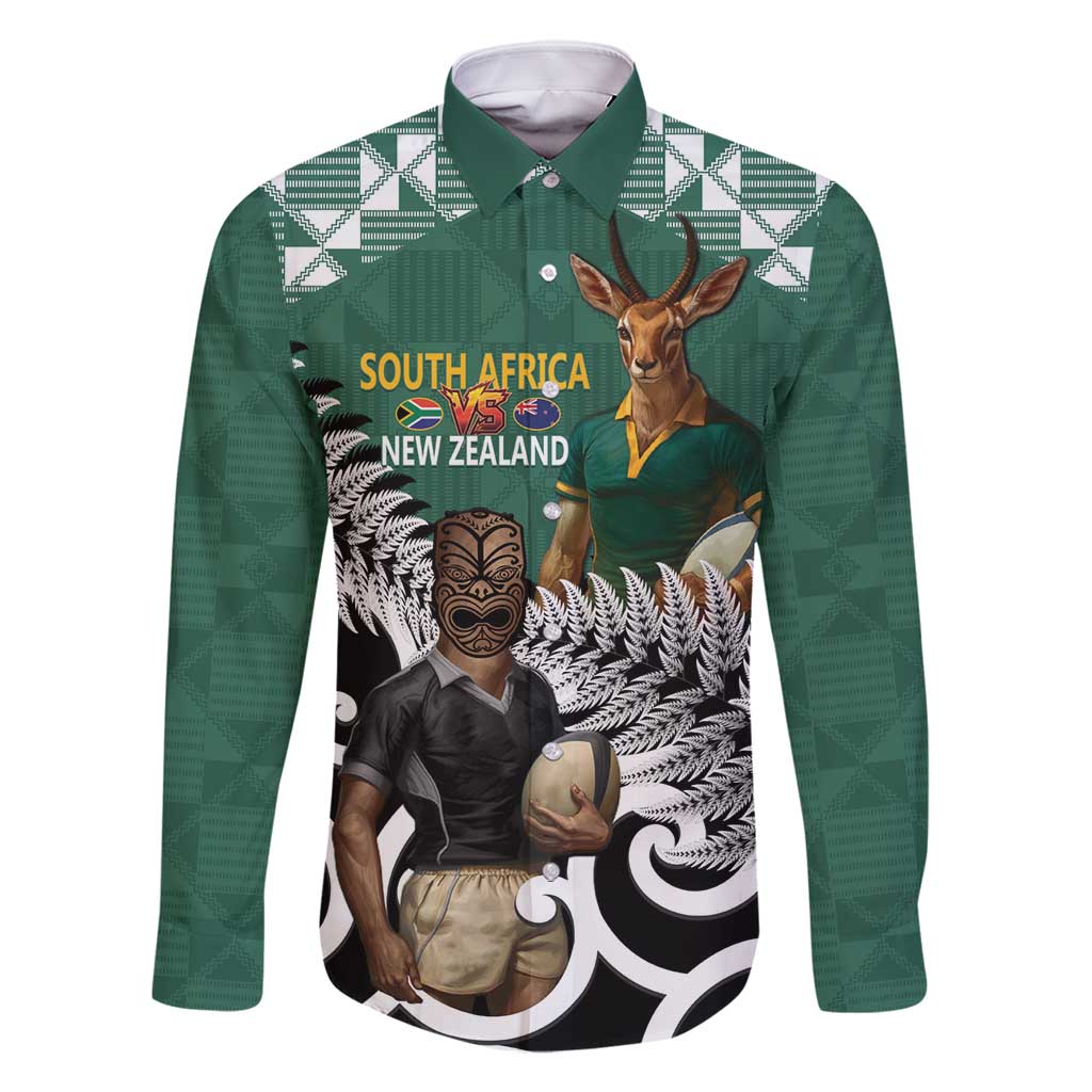 New Zealand South Africa Rugby Custom Family Matching Long Sleeve Bodycon Dress and Hawaiian Shirt Springboks Kente All Black Maori Together LT14 Dad's Shirt - Long Sleeve Green - Polynesian Pride