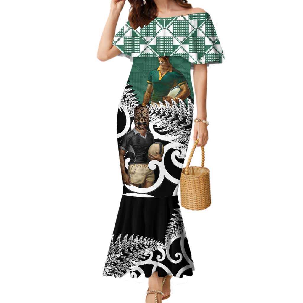 New Zealand South Africa Rugby Custom Family Matching Mermaid Dress and Hawaiian Shirt Springboks Kente All Black Maori Together LT14 Mom's Dress Green - Polynesian Pride