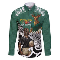 New Zealand South Africa Rugby Custom Family Matching Off Shoulder Maxi Dress and Hawaiian Shirt Springboks Kente All Black Maori Together LT14 Dad's Shirt - Long Sleeve Green - Polynesian Pride