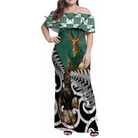 New Zealand South Africa Rugby Custom Family Matching Off Shoulder Maxi Dress and Hawaiian Shirt Springboks Kente All Black Maori Together LT14 Mom's Dress Green - Polynesian Pride