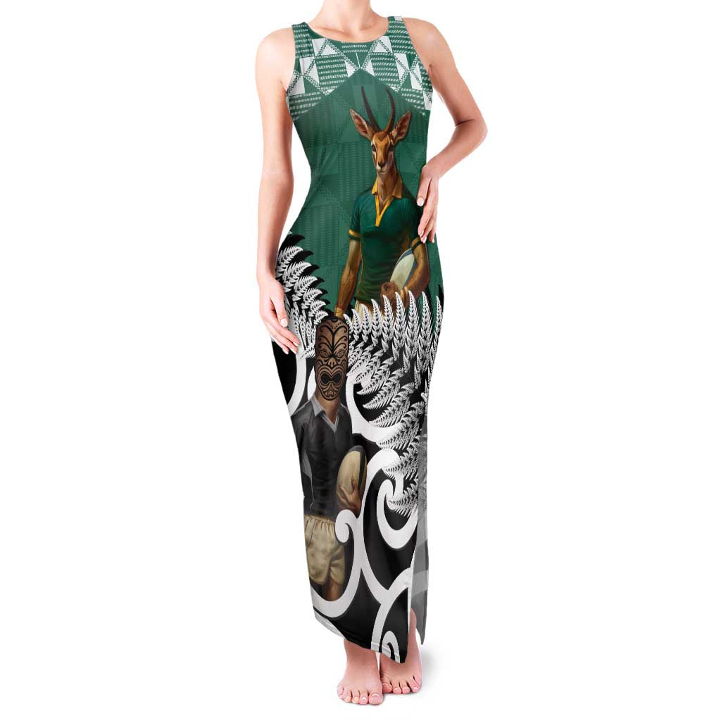 New Zealand South Africa Rugby Custom Family Matching Tank Maxi Dress and Hawaiian Shirt Springboks Kente All Black Maori Together LT14 Mom's Dress Green - Polynesian Pride